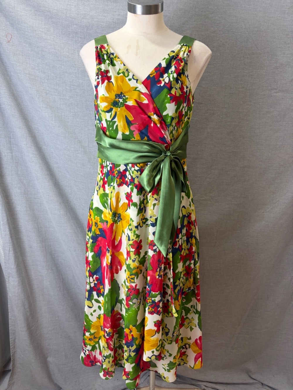 Evan Picone Floral Midi Dress in Green, Yellow, Red, Blue